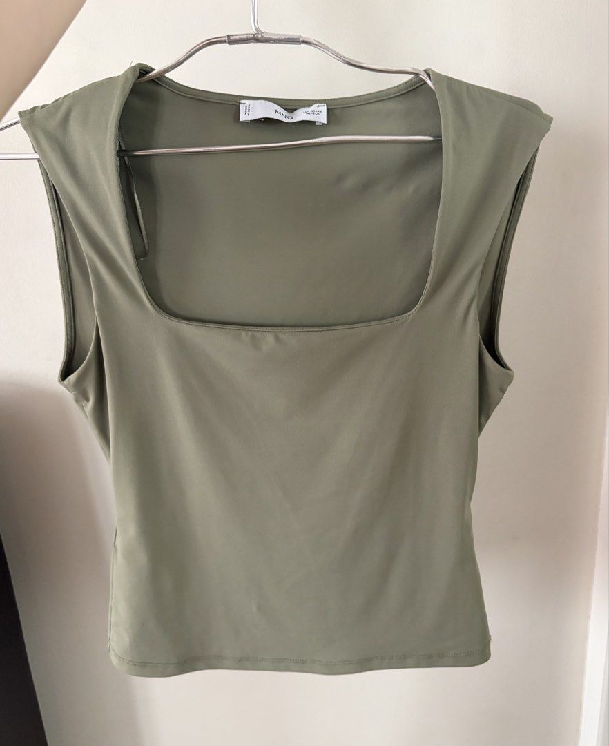 Mango Olive Green Square Neck Sleeveless Top (Category: Sleeveless) located in Manila. Submitted by curatedclosetbyj (Listing ID 1459775030, Image 1). Description: - Brand: Mango/ MNG - Color: Olive Green - Style: Sleeveless top - Neckline: Square.