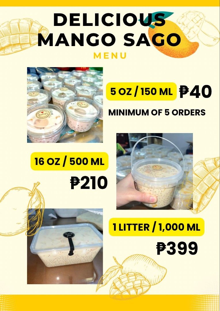 Mango Sago For Sale (Category: Local Eats) located in San Juan City. Submitted by kirbytan32 (Listing ID 1459826965, Image 1). Description: 🥭💛 MANGO SAGO IS HERE! 💛🥭 Your favorite sweet, creamy & refreshing treat is ready to satisfy your cravings! 😋✨ Made with fresh mangoes, creamy goodness, and delicious sago — perfect for merienda, dessert, or whenever you’re craving something sweet! 🥭🍨 ✨ AVAILABLE SIZES: 🥄 5 oz Cup – Just enough for a 