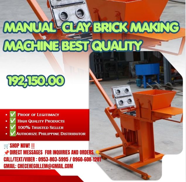 Manual Clay Brick Making Machine best quality (Category: Home Improvement Tools & Accessories) located in Caloocan City. Submitted by 09513227950 (Listing ID 1459715337, Image 1). Description: ●Specifications ●Overall Size : 1500L*700W*1050Hmm ●Cycle : 40 seconds ●Carriage size : No Pallet ●Vibration Frequency : Manual ,no need power ●Electrical source : Manual ,no need power ●Total Mass : 260kgs ●Bricks types and Production Capacity 300mmx150mmx