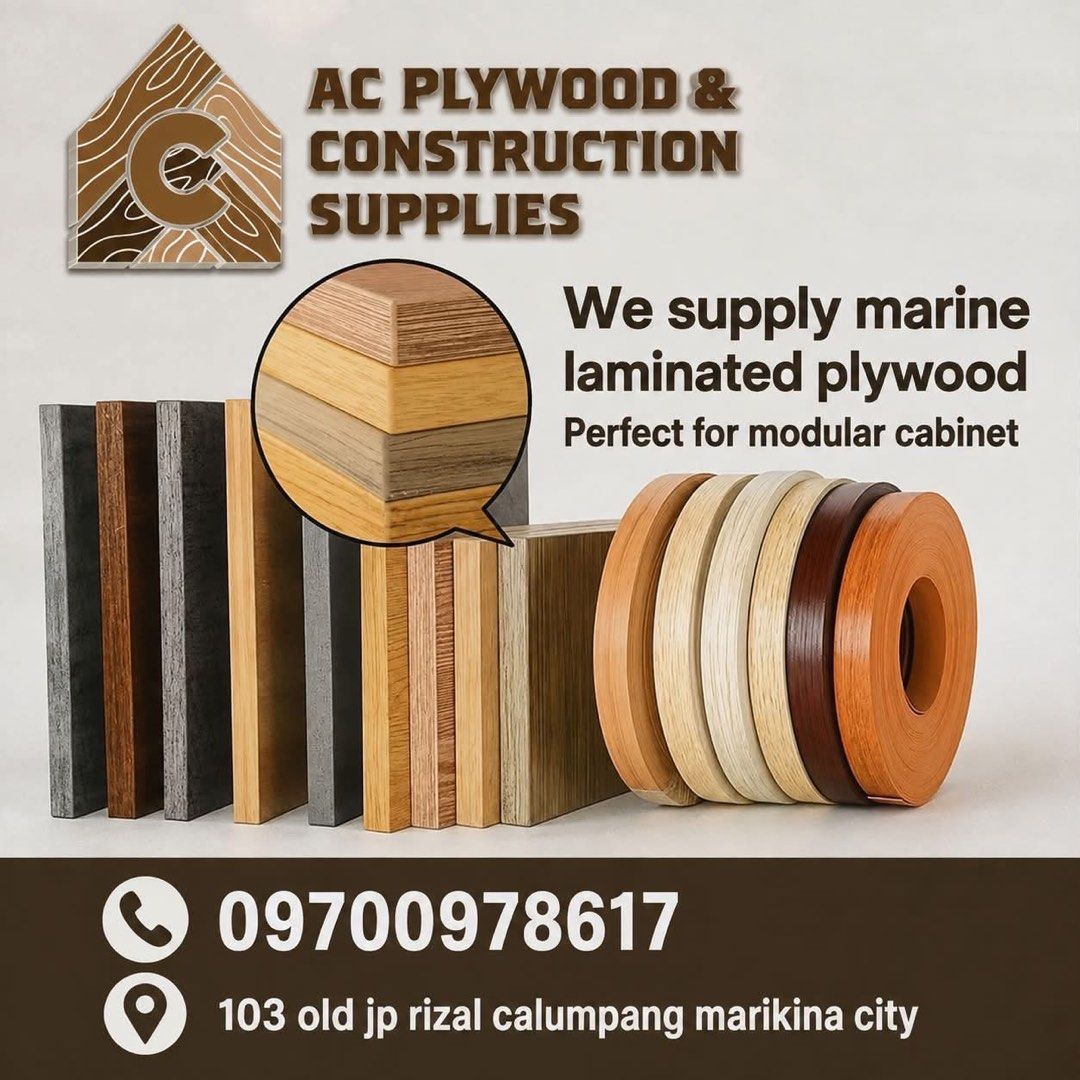 MARINE LAMINATED PLYWOOD (Category: Shelves, Cabinets & Racks) located in Marikina City. Submitted by acplywood (Listing ID 1459723160, Image 1). Description: Melamine Marine Laminated Plywood Premium Quality ✅White 18mm DF ✅White 18mm SF ✅White 5mm SF ✅White 5mm DF ✅Woodgrains/colors 18mm DF ✅Glossy finish ✅MDF ✅Local Marine plywood raw ✅PVC BOARD ✅PVC Edge Band ✅Modular accesories INQUIRE NOW‼️ ✅Hassle Free Transactions ✅No minimum Orders ✅Offe