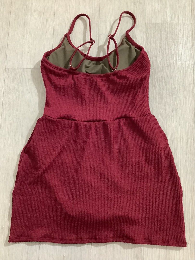 Maroon Ribbed Spaghetti Strap Mini Dress (Category: Dresses) located in Caloocan City. Submitted by soldbyann (Listing ID 1459806312, Image 2). Description: - Cute maroon ribbed mini dress - Adjustable spaghetti straps - Snug, flattering fit - Versatile for night out or casual wear - Textured fabric for added appeal - Easily pairs with heels or sneakers.
