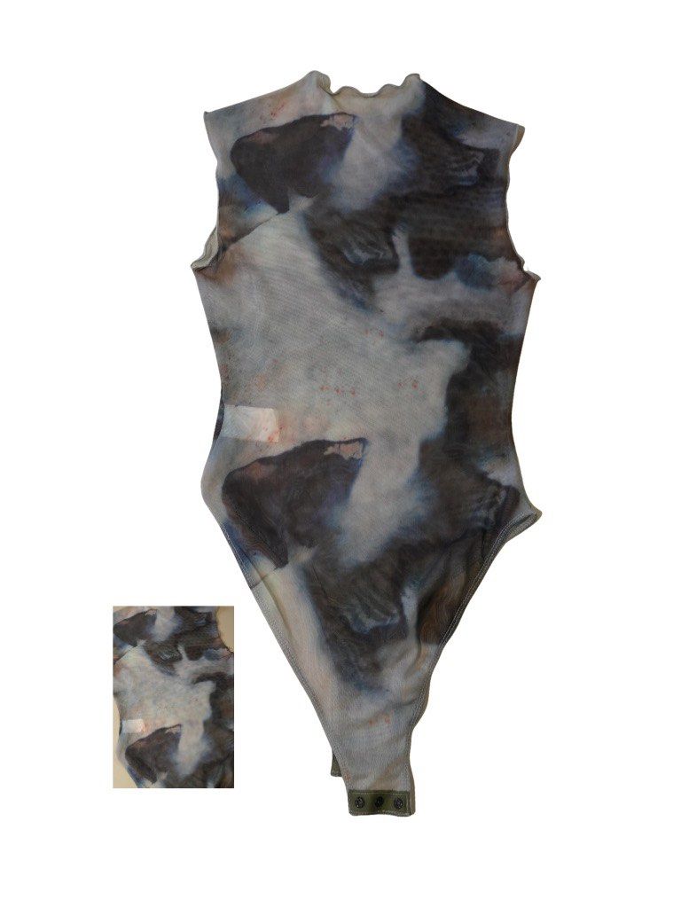Mesh Graphic Print Sleeveless Bodysuit (Category: Sleeveless) located in Manila. Submitted by declutter.yna (Listing ID 1459724243, Image 1). Description: - Sleeveless mesh design - Lettuce edge trim at neckline and armholes - Super soft and stretchy material - Perfect for layering or wearing solo.