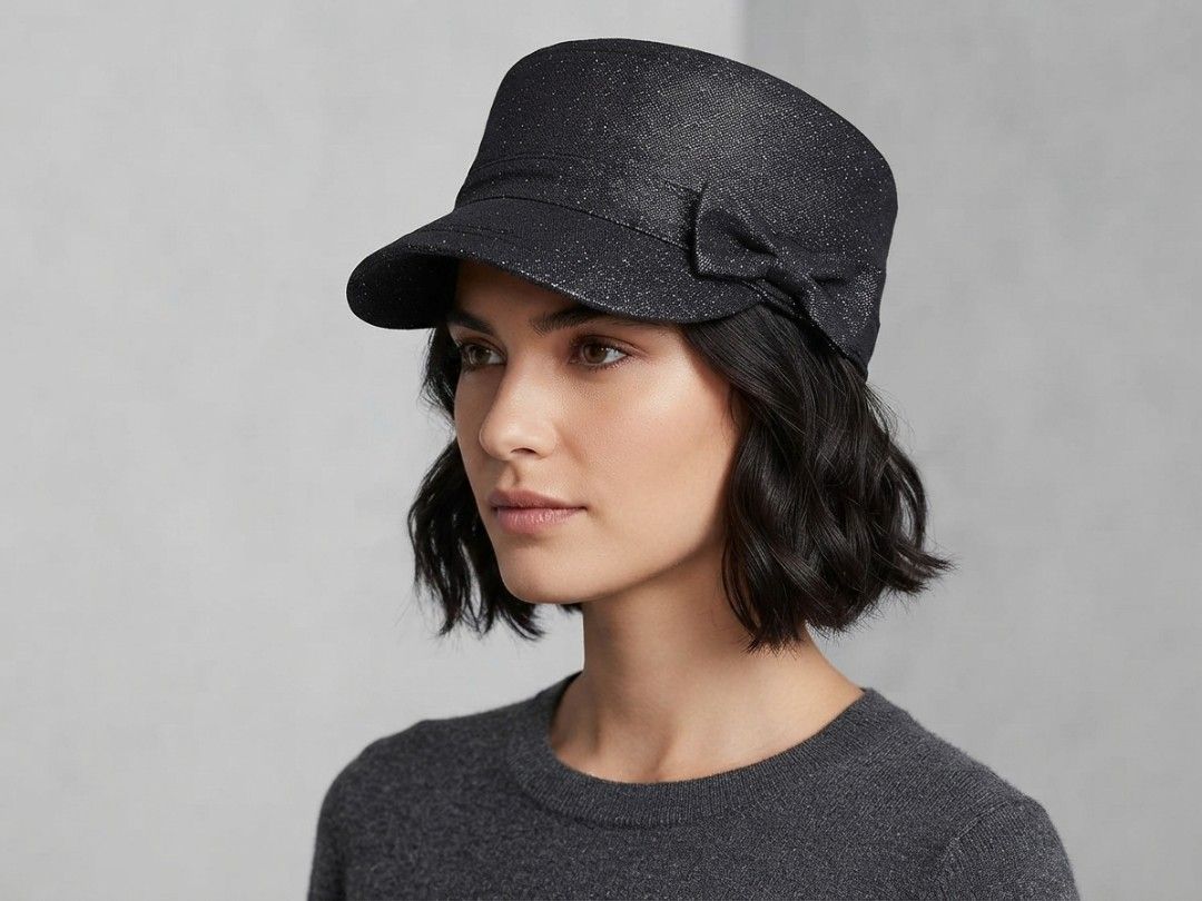 Metallic Black Cadet Style Cap (Category: Hats & Beanies) located in Binangonan. Submitted by yuristalin888 (Listing ID 1459821500, Image 1). Description: This stylish black cadet/military-style cap features a subtle metallic shimmer woven throughout the fabric, a structured flat-top crown, and a curved brim. It is gracefully finished with a matching side bow accent..
