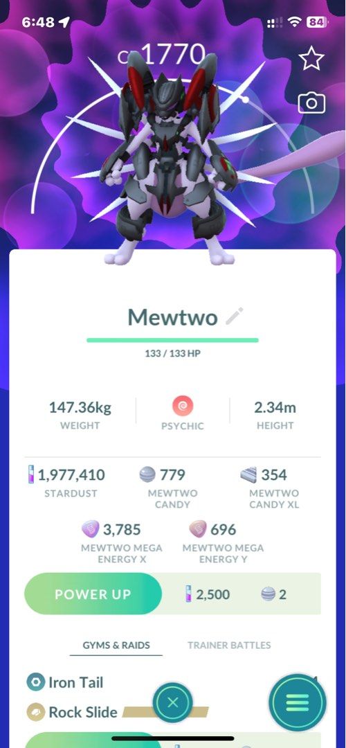 Mewtwo (Armored) Pokemon Go (Category: Nintendo) located in Manila. Submitted by filipinohero (Listing ID 1459802833, Image 1). Description: - Powerful Armored Mewtwo ready for battle! - Impressive 1770 CP with maximum HP. - Huge Stardust bonus: 1,977,410 - Generous Mewtwo Candy: 779 - Plenty of Mewtwo Candy XL: 354 - Abundant Mega Energy: 3,785 (X) & 696 (Y) - Equipped with Iron Tail and Rock Slide moves. - Perfect for powering up and dominating