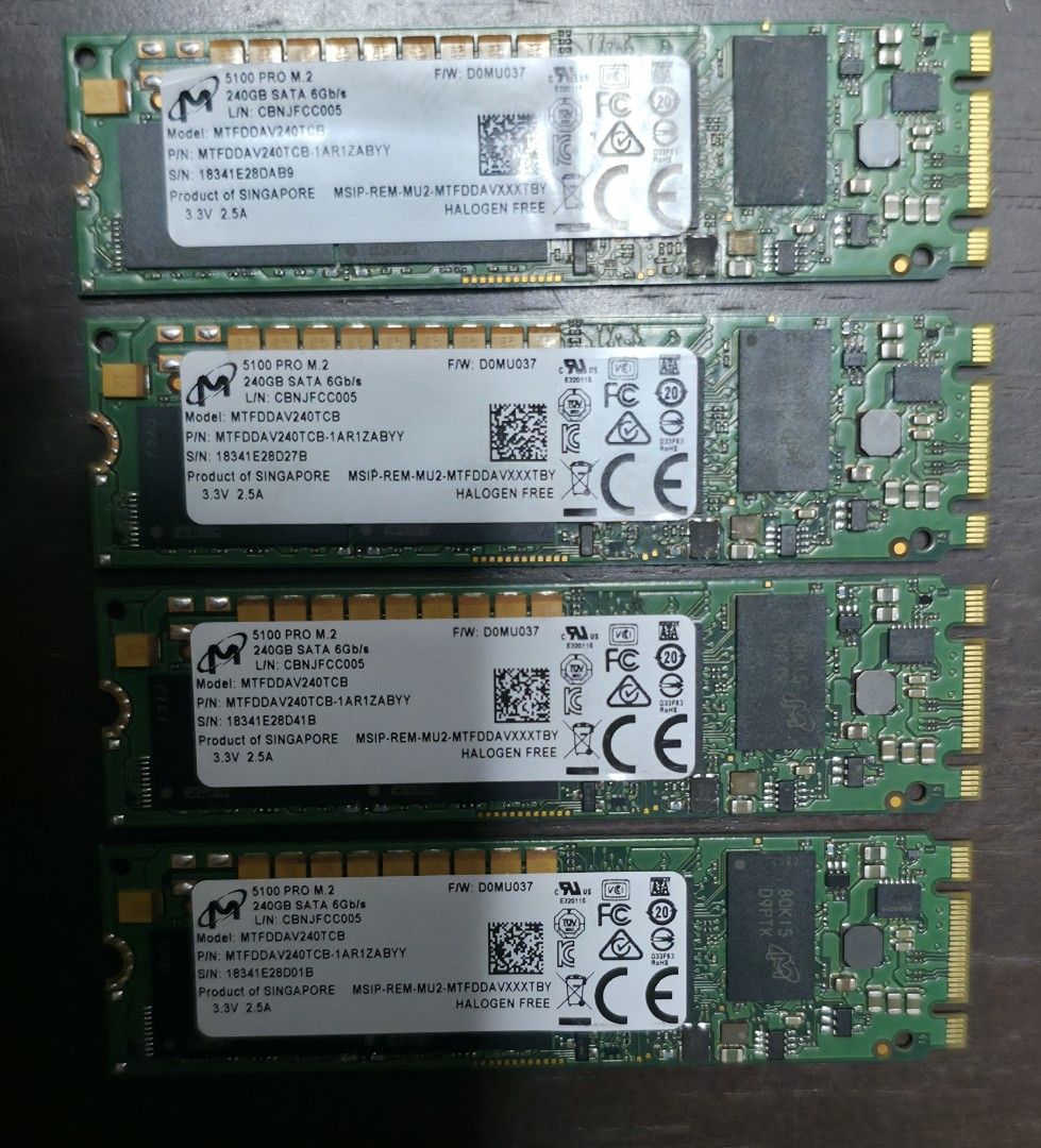 Micron 5100 Pro m.2 SATA SSD 240GB (Category: Hard Disks & Thumbdrives) located in Pasig City. Submitted by homelabph (Listing ID 1459785215, Image 1). Description: Micron 5100 Pro m.2 SATA SSD 240GB -240GB 3D TLC -m.2 2280 SATA 6Gbps -Endurance rating: 650TB -Performance: 540MB/s read, 250MB/s write -4pcs available, Php 2,000 each, take all Php 6,800 -M.2 to SATA adapter included -PRICE POSTED IS THE FINAL PRICE -COMPATIBILITY IS BUYERS RESPONSI