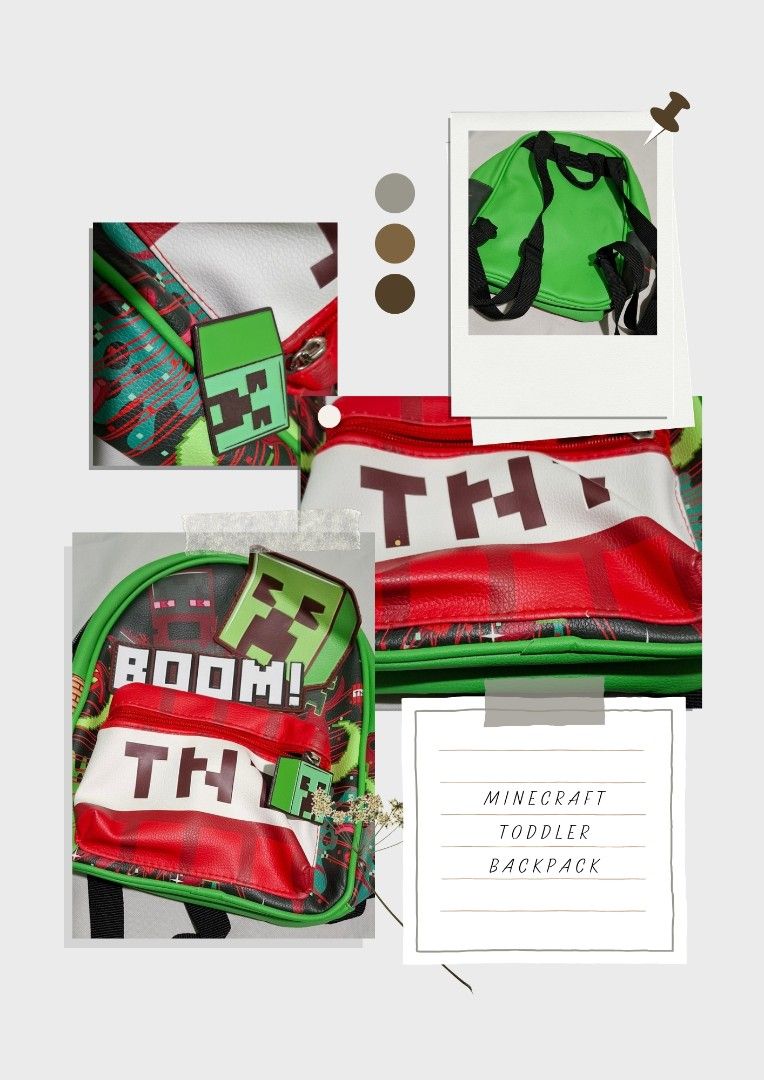 Minecraft Toddler Backpack Creeper TNT Design (Category: Babies & Kids Fashion) located in Las Pinas. Submitted by therelovedrack (Listing ID 1459867028, Image 1). Description: From USA 🇺🇸 - Super cute Minecraft backpack for toddlers - Features fun Creeper and TNT design - Bright green with red and white accents - Front zipper pocket for easy access - Adjustable straps for a comfortable fit - Perfect size for preschool or day trips - Ideal for 