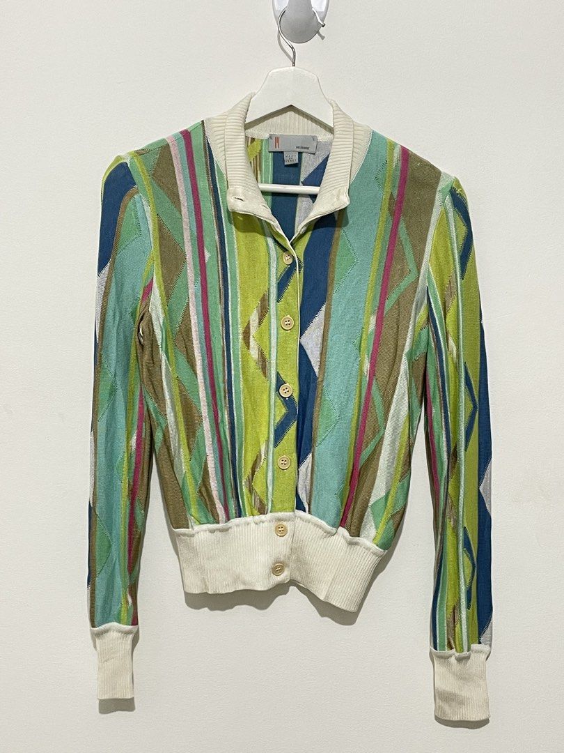 Missoni Knit Cardigan (Category: Luxury Apparel) located in Santa Rosa. Submitted by saksthriftavenue (Listing ID 1459872241, Image 1). Description: - Authentic Missoni cardigan - Eye-catching geometric stripe pattern - Made in Italy - Comfortable viscose and cotton blend - Classic button-up front with collar - Ribbed cuffs and hem for a snug fit - Ideal for stylish layering Issues: some snags but barely noticeable. Pwedeng pwede pa po irepair si