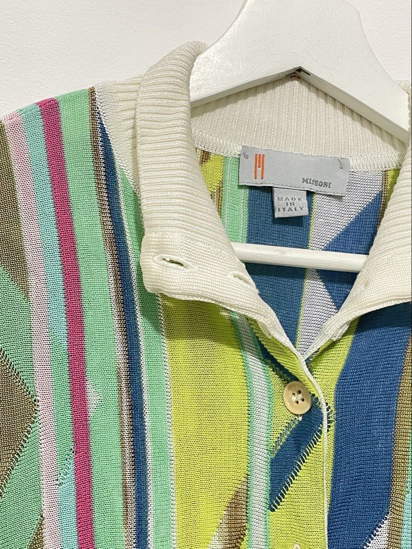 Missoni Knit Cardigan (Category: Luxury Apparel) located in Santa Rosa. Submitted by saksthriftavenue (Listing ID 1459872241, Image 2). Description: - Authentic Missoni cardigan - Eye-catching geometric stripe pattern - Made in Italy - Comfortable viscose and cotton blend - Classic button-up front with collar - Ribbed cuffs and hem for a snug fit - Ideal for stylish layering Issues: some snags but barely noticeable. Pwedeng pwede pa po irepair si