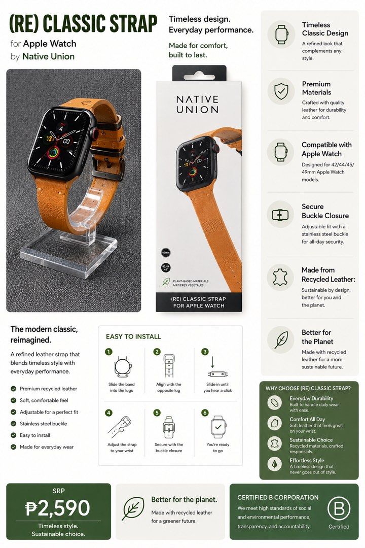Native Union (RE) Classic Strap for Apple Watch (Category: Wearables & Smart Watches) located in Las Pinas. Submitted by _mrygbrl (Listing ID 1459838345, Image 1). Description: - Native Union (RE) Classic Strap for Apple Watch - Made from premium recycled leather (sustainable choice) - Soft, comfortable, and adjustable for a perfect fit - Secure stainless steel buckle - Easy to install - Great for everyday wear - Compatible with 42/44/45mm Apple 