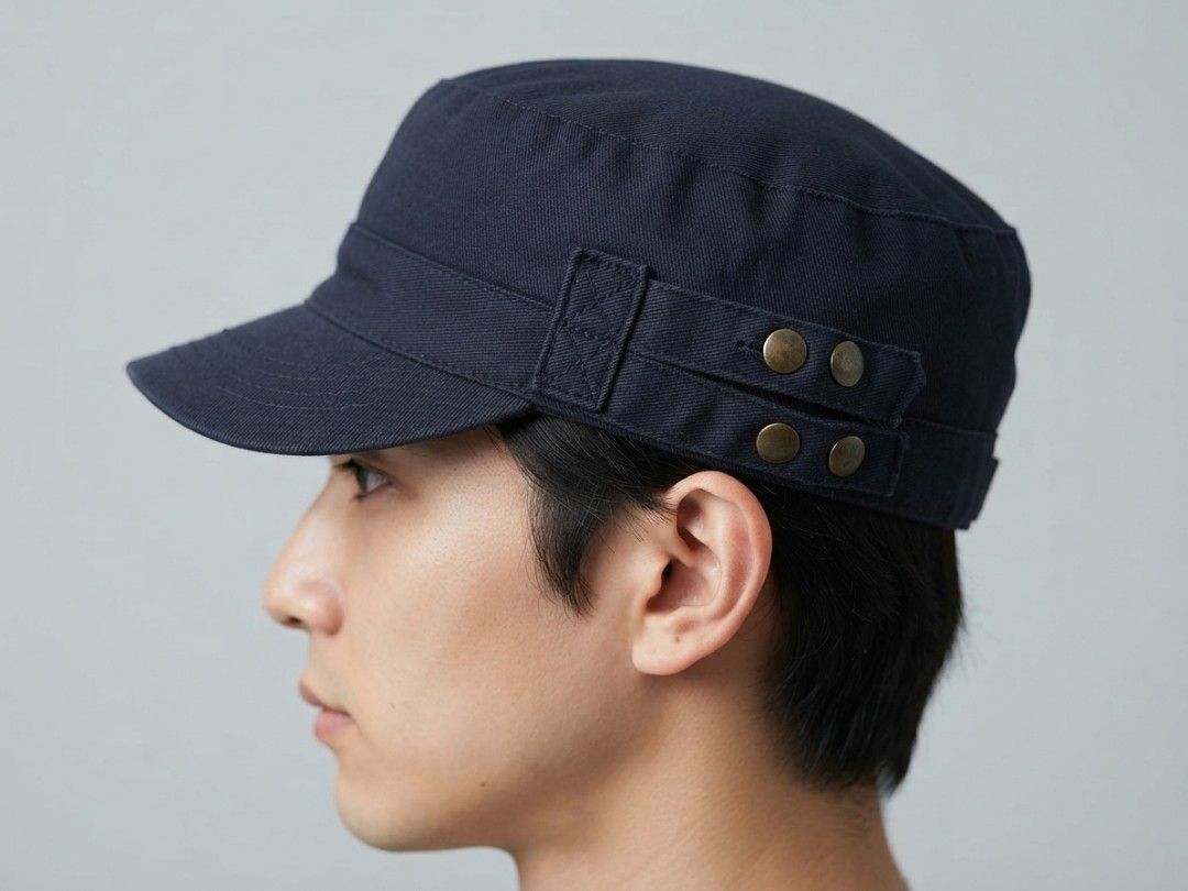 Navy Blue Cadet/Military Style Cap (Category: Caps & Hats) located in Binangonan. Submitted by yuristalin888 (Listing ID 1459819983, Image 1). Description: This dark navy blue cadet/military-style cap is crafted from a durable twill fabric, featuring a structured flat-top crown and a curved brim. It is styled with a side strap accent adorned with four decorative brass-toned metallic buttons..