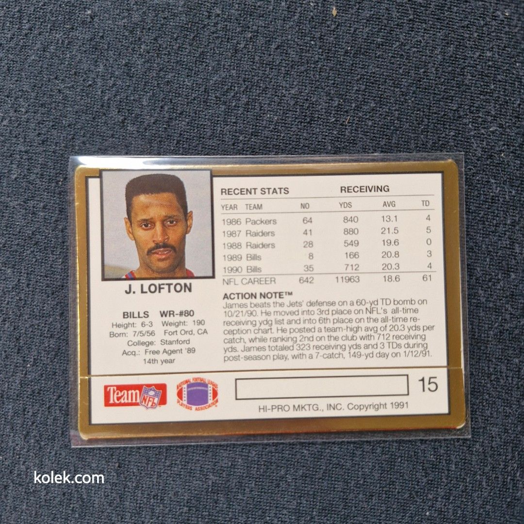 NFL Card Action Packed James Lofton (Category: Raw Singles) located in San Pedro. Submitted by .kolek.com (Listing ID 1459730304, Image 2). Description: NFL Card (Raw) Excellent Condition Clean card Round edges Smooth Surface No Toploader❌️ What U see is What U Get Sa nakaka appreciate lang MoP: Gcash J&T Courier Pickup or Book any Rider Buyer's book and expense Loc: San Pedro, Laguna 📣BBox 0.2kg.