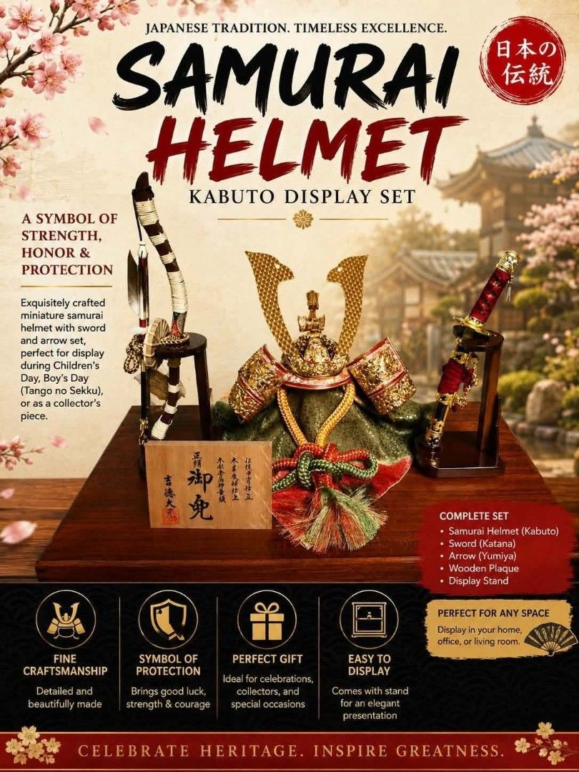 Ningyoya Honpo Samurai Helmet Kabuto Display Set (Category: Vintage Collectibles) located in Baguio. Submitted by chanel_natsef (Listing ID 1459816118, Image 1). Description: LIKE NEW! JAPANESE SAMURAI HELMET KABUTO COMPLETE DISPLAY SET 🧨 3,000 ONLY!!! SUPER SALE!!! GCASH NOW!!! (PANG MAYAMAN ORIG PRICE NG MGA GANITO, NASA 20K+) ✅️ TRADITIONAL JAPANESE DESIGN – SYMBOL OF STRENGTH, HONOR & PROTECTION ✅️ COMPLETE SET – HELMET (KABUTO), SWORD (KATA