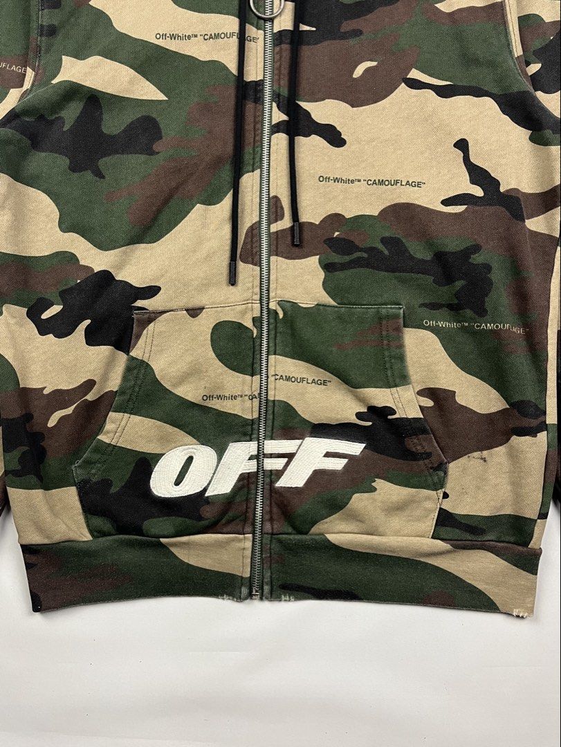 Off-White Camo Zip-Up Hoodie (Category: Hoodies) located in Puerto Princesa. Submitted by paradise5300 (Listing ID 1459731181, Image 3). Description: Off-White Camo Zip-Up Hoodie Tagged Size: Small Dimensions Inches length: 27.5 Inches width: 21.5 Condition: Excellent Color rate: 9 / or better Flaws: Minor signs of usage 1,999 shipping fee is not yet included. .