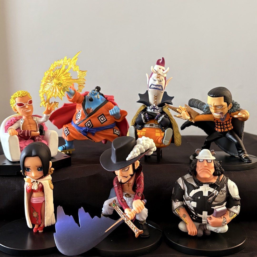 One Piece Chibi Figures Set - Doflamingo, Jinbe, Crocodile, Hancock (Category: Figurines & Statues) located in Manila. Submitted by tj.merch (Listing ID 1459733742, Image 1). Description: - Set of 6 One Piece Chibi Figures - Characters included: Doflamingo, Jinbe, Crocodile, Ivankov, Mihawk, Hancock - Ideal for any One Piece fan's collection - Figures are detailed and come with individual bases - Some figures include special effect accessories.