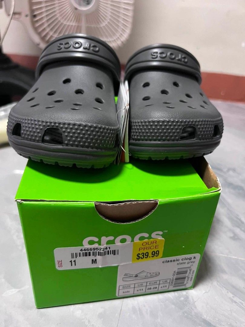Original Crocs Classic Clog K Slate Grey Size C11 (Category: Babies & Kids Fashion) located in Manila. Submitted by quickcloud_7c753c (Listing ID 1459821004, Image 1). Description: - Classic Crocs clogs - Color: Slate Grey - Size:C 11 - Includes original box and tags - Iconic Crocs Comfort - Easy slip-on design - Perfect for everyday wear.