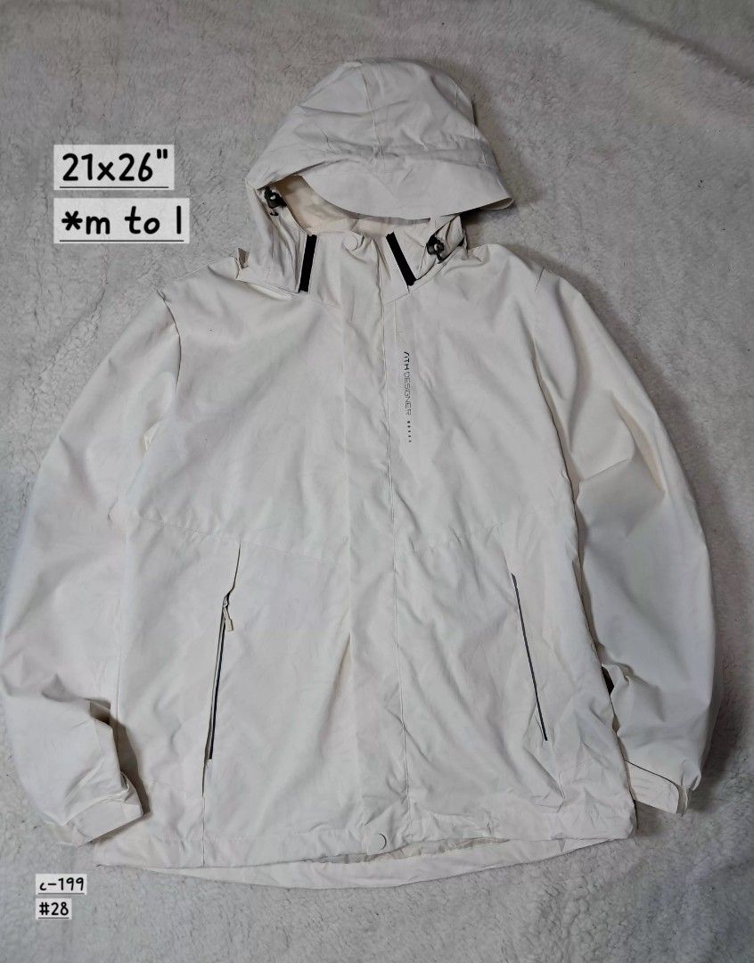 Outdoor women's jacket rain jacket (Category: Coats, Jackets and Outerwear) located in Baguio. Submitted by mishmashfritz (Listing ID 1459813426, Image 1). Description: like new, thrifted needs wash, with min. washable stain, large on tag, see dimes for reference, detachable hood, cream, with light floral design, water repellent, 2 way closure, adjustable hood, extended brim/hood.