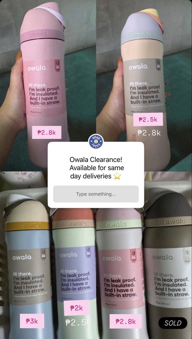 Owalas at Clearance Price (Category: Water Bottles & Tumblers) located in Quezon City. Submitted by eightmile.ph (Listing ID 1459814685, Image 1). Description: All owalas are 100% condition no flaws and bought direct from the US Clearance Sale for our store! We do same day deliveries 24oz Rose Quartz - ₱2.8k 24oz Sandy Shores - ₱2.5k 24oz Arctic Skyfall - ₱3k 24oz Surf's Edge - ₱2k 24oz Candy Store - ₱2.8k .