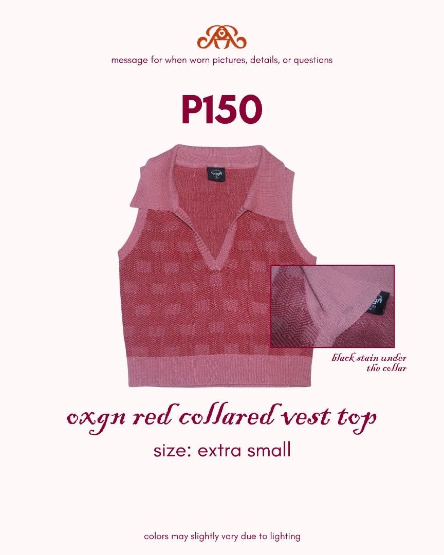 Oxygen Red Collared Vest Top (Category: Sleeveless) located in Quezon City. Submitted by relviezin_ (Listing ID 1459814419, Image 1). Description: .