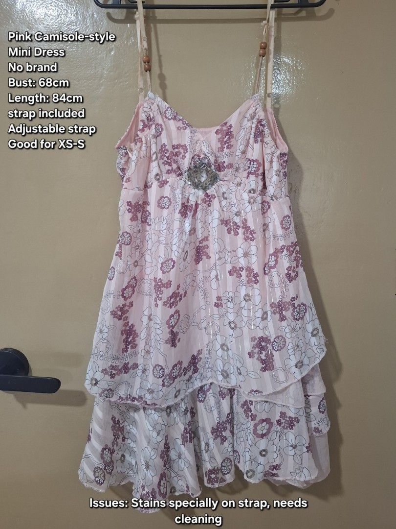 Pink camisole-style mini dress (Category: Dresses) located in Tarlac. Submitted by reimei12 (Listing ID 1459765050, Image 1). Description: Pink camisole-style mini dress No brand Bust: 68cm Length: 84cm strap included Adjustable strap Good for XS-S Issues: Stains specially in strap, needs cleaning.