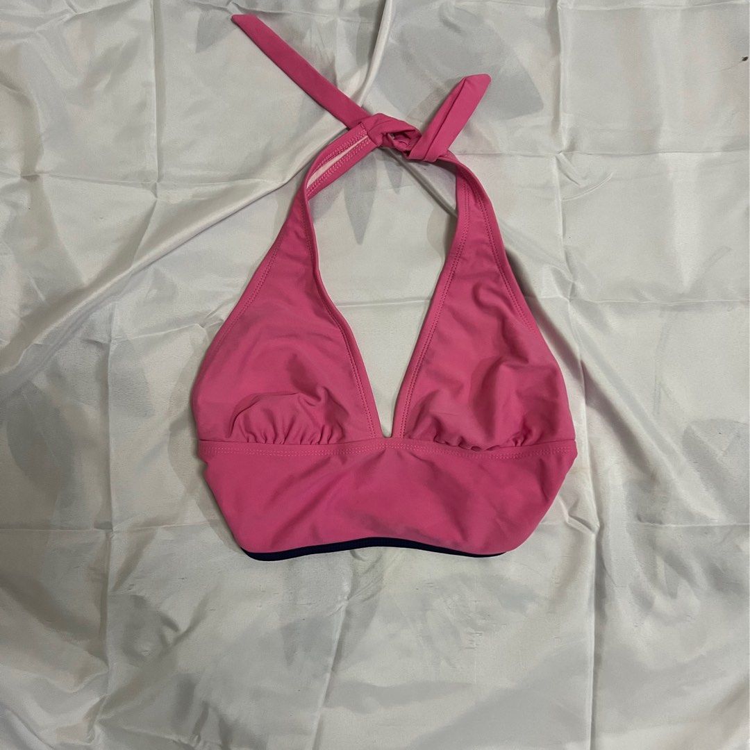 Pink Halter Bikini Top with Navy Trim (Category: Bikinis & Swimsuits) located in Imus. Submitted by niftees.eco (Listing ID 1459749768, Image 1). Description: - Cute pink halter bikini top - Ties at neck and back - Ruching detail on cups - Navy blue trim along bottom edge - Ideal for beach or pool.