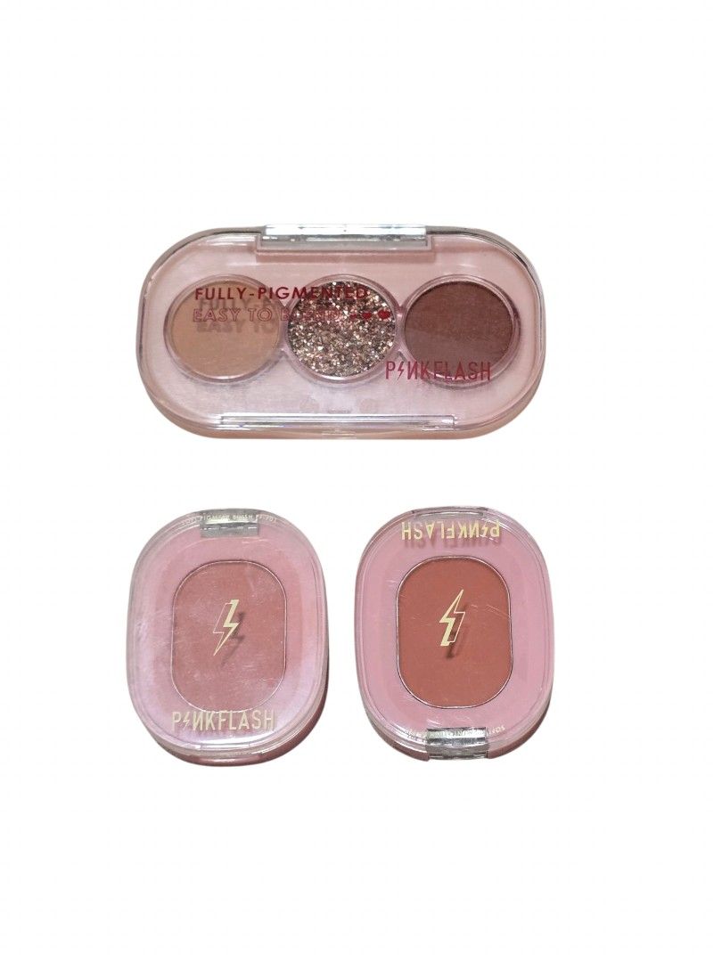 Pinkflash Eyeshadow Palette & Blushes (Category: Makeup) located in Taguig. Submitted by altainfante (Listing ID 1459710514, Image 2). Description: - Pinkflash Eyeshadow & Blush Palette - Includes 3 eyeshadow shades: Shimmery Gold, Light Brown, Dark Brown - Includes 2 blush shades: Pink, Coral - Compact and travel-friendly - Perfect for everyday makeup or evening glam - 300 as set.
