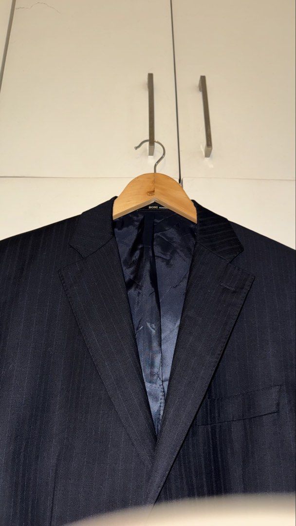 Pinstripe premium gray blazer (Category: Coats, Jackets and Outerwear) located in Quezon City. Submitted by mogsmogs (Listing ID 1459763281, Image 2). Description: Classic pinstripe Full inner lining Premium Dimes: 21 w x 31 l.