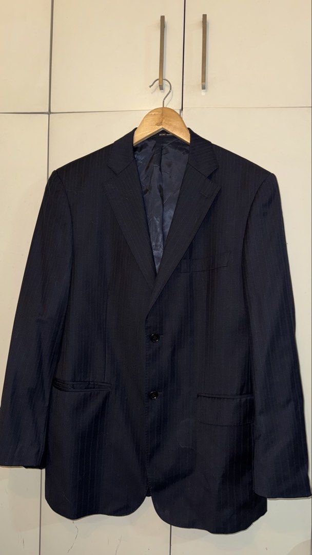 Pinstripe premium gray blazer (Category: Coats, Jackets and Outerwear) located in Quezon City. Submitted by mogsmogs (Listing ID 1459763281, Image 1). Description: Classic pinstripe Full inner lining Premium Dimes: 21 w x 31 l.