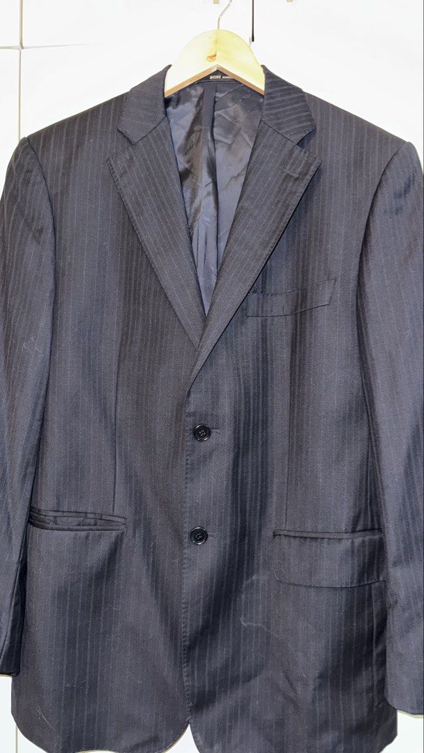 Pinstripe premium gray blazer (Category: Coats, Jackets and Outerwear) located in Quezon City. Submitted by mogsmogs (Listing ID 1459763281, Image 3). Description: Classic pinstripe Full inner lining Premium Dimes: 21 w x 31 l.