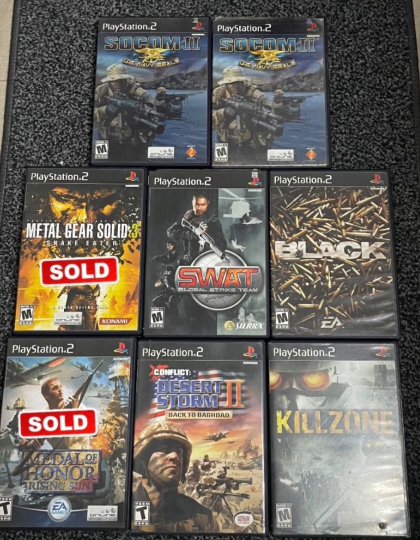 PLAYSTATION 2 PS2 VIDEO GAMES ORIGINAL (US) (Category: PlayStation) located in Mandaluyong City. Submitted by _copndrop (Listing ID 1459879100, Image 2). Description: FOR SALE ORIGINAL PS2 GAMES (US) ALL PRICES ARE BASED ON PRICE CHARTING WEBSITE ALL TESTED WORKING OPEN FOR TESTING AND MEETUPS LOC: MANDALUYONG CITY PIC 1 SOCOM 2 US NAVY SEALS - ₱600 EACH METAL GEAR SOLID 3 SNAKE EATER - ₱1,000 (SOLD) SWAT GLOBAL STRIKE TEAM 10$ - ₱600 BLACK - ₱1,