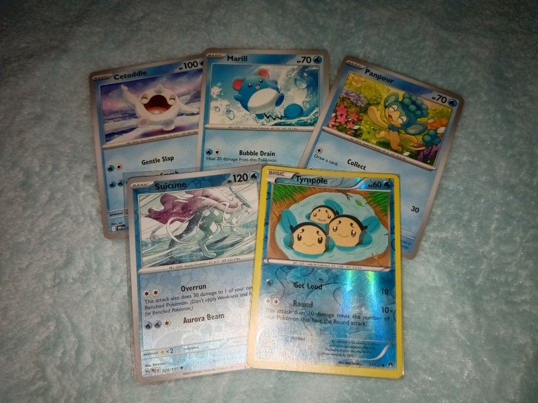 Pokemon Cards Set - Water type (Category: Raw Singles) located in Quezon City. Submitted by ssiww (Listing ID 1459856336, Image 2). Description: SOLD AS SET t. tympole, auicune, marill, cetoddle, panpour pokemon cards +sf mop: gcash, maya, maribank, or gotyme mod: j&t.