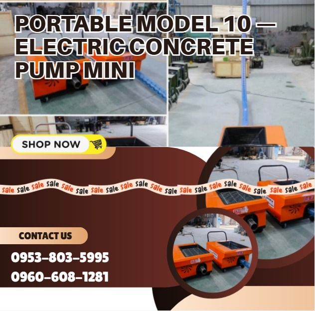 Portable Model 10 — Electric Concrete Pump MINI (Category: Home Improvement Tools & Accessories) located in Caloocan City. Submitted by 09051674995 (Listing ID 1459715642, Image 1). Description: ●Model 10 — Electric Concrete Pump MINI ●PHP 122,000 / 6meters ●PHP 165,600 /15meters ●Motor: 4108 ●Motor power: 7.5 kW ●Pumping capacity: 5-6 m³/h ●Horizontal delivery distance: 15 m ●Vertical delivery height: 15 m ●variable frequency drive ●Total weight