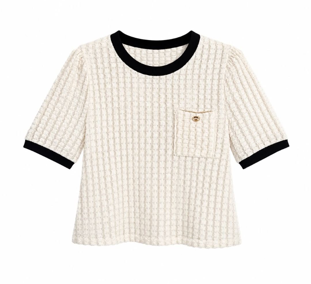 Preloved Textured Knit Top | Cream & Black#1 (Category: Luxury Apparel) located in Caloocan City. Submitted by outfitloop (Listing ID 1459759034, Image 2). Description: • Color: Cream with black trim • Condition: Good condition • Textured knit fabric • Short sleeves • Black contrast neckline & sleeve details • Perfect for casual & everyday outfits ✨ 📌 IMPORTANT: • 1st photo is an AI styling/model preview for reference on how the item may look wh