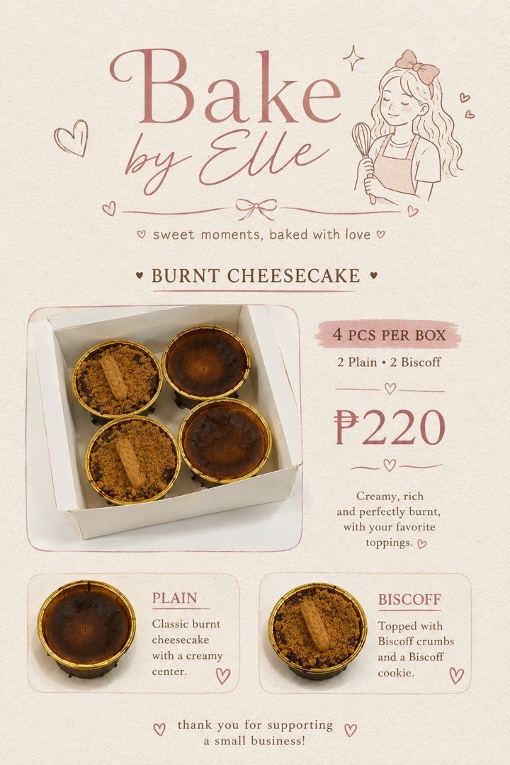 PREORDER BURNT CHEESECAKE (Category: Homemade Bakes) located in Binan City. Submitted by nihaoscloset (Listing ID 1459757482, Image 1). Description: 🧀✨ BAKE BY ELLE ✨🧀 Craving something creamy, cheesy, and irresistibly burnt? 🤎 Our Burnt Cheesecake Box is here! 🍰 Each box comes with 4 pieces: 🤎 2 Biscoff 🤍 2 Plain Perfect for sharing… or keeping all to yourself 😉 📩 DM us to order! You can also contact me on our IG account @_bakebyelle Lim