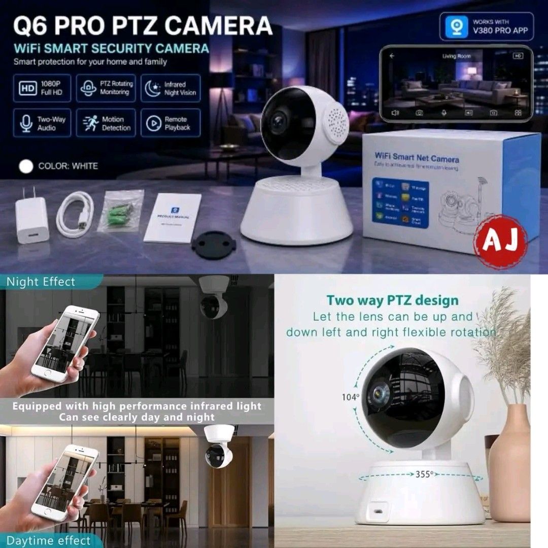 Q6 Pro PTZ WiFi Smart Security Camera (Category: Security Systems & CCTV Cameras) located in Manila. Submitted by marvieobordo (Listing ID 1459862446, Image 1). Description: - Q6 Pro PTZ WiFi Smart Security Camera (White) - Crystal Clear 1080p HD Resolution - 355° Horizontal & 90° Vertical PTZ Rotation for full room coverage - Infrared Night Vision for clear visibility in the dark - Two-Way Audio to communicate with people at home - Motion Detect
