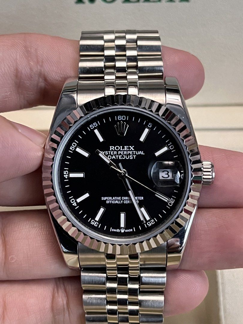 Rolex Datejust 36 (Category: Luxury Watches) located in Manila. Submitted by stanlicu (Listing ID 1457360598, Image 3). Description: Ref. 116234 (Rare) BPF SupC (next tier below VSF) - Datejust 36mm "Black Stick Dial" - Automatic Movement (Manual Winding and Hacking) - Miyota 8215 Movement (used in Citizen watches) - Super Jubilee Bracelet (Distinct feature from other models of the DJ 36) - Complete Links - 904L Stainless steel case and bracelet 
