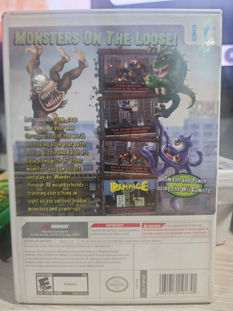 Rampage Total Destruction Nintendo Wii Game (Category: Nintendo) located in Quezon City. Submitted by gwift (Listing ID 1459778328, Image 2). Description: - Game: Rampage Total Destruction for Nintendo Wii - Playable Characters: George, Lizzie, and Ralph - Gameplay: Smash and punch your way through cities, destroying buildings and collecting power-ups. - Age Appropriateness: Fun for all ages - Condition: Includes game disc and case -selling based