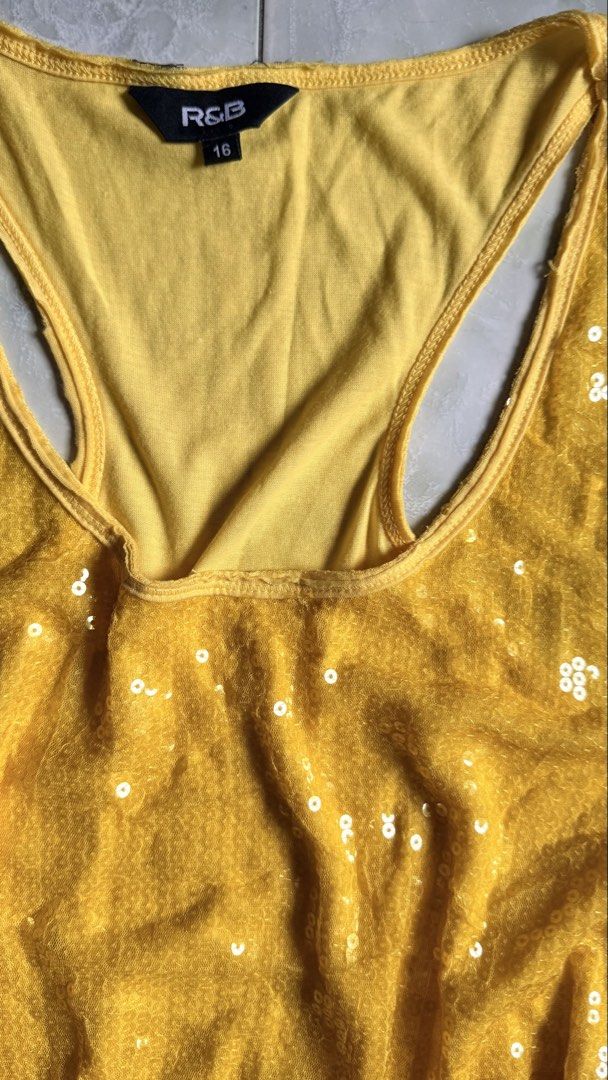 R&B Yellow Sequin Racerback Tank Top (Category: Sleeveless) located in General Santos City (Dadiangas). Submitted by ssssshhhhhhhhh (Listing ID 1459752816, Image 2). Description: - Eye-catching yellow tank top - All-over sequin embellishments - Stylish racerback design - Estimated size: 16 - Ideal for parties and nights out - Comfortable and dazzling - A fun addition to your wardrobe!.