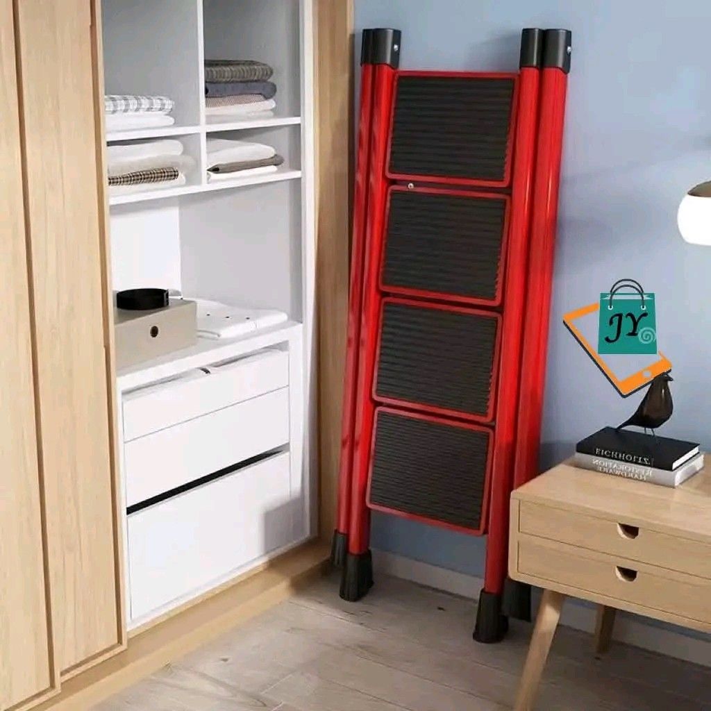 Red 5-Step Folding Ladder (Category: Other Home Furniture) located in Manila. Submitted by marvieobordo (Listing ID 1459726028, Image 2). Description: - Red 5-step folding ladder - 102cm tall when open - Folds down to 128cm for convenient storage - Non-slip steps ensure safety - Ideal for reaching high shelves and DIY projects - Sturdy and reliable construction.