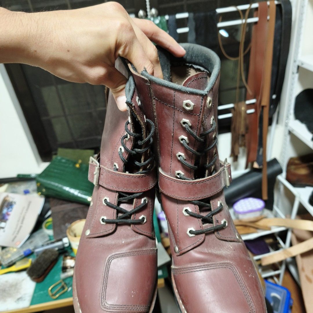 Red Leather Work Boots with Buckle and Vibram Sole (Category: Boots) located in Santa Rosa. Submitted by thebear29 (Listing ID 1459806617, Image 2). Description: - Red leather work boots - Side buckle strap and front laces - Durable Vibram soles - Shows some scuffs and dust from use - Plenty of life remaining - Suitable for work or casual wear.