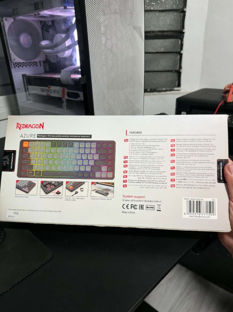 Redragon AZURE 75% Low-Profile Wireless Mechanical Keyboard (Category: Computer Keyboard) located in Quezon City. Submitted by cicilyisabelle (Listing ID 1459795918, Image 2). Description: - Redragon AZURE 75% Low-Profile Wireless Mechanical Keyboard - Sturdy aluminum frame - 2.4G/Bluetooth/Type c wired multiple connection options - compatible with windows and mac os - Vibrant RGB Lighting - Includes USB-C Cable - Includes extra key caps - Origin