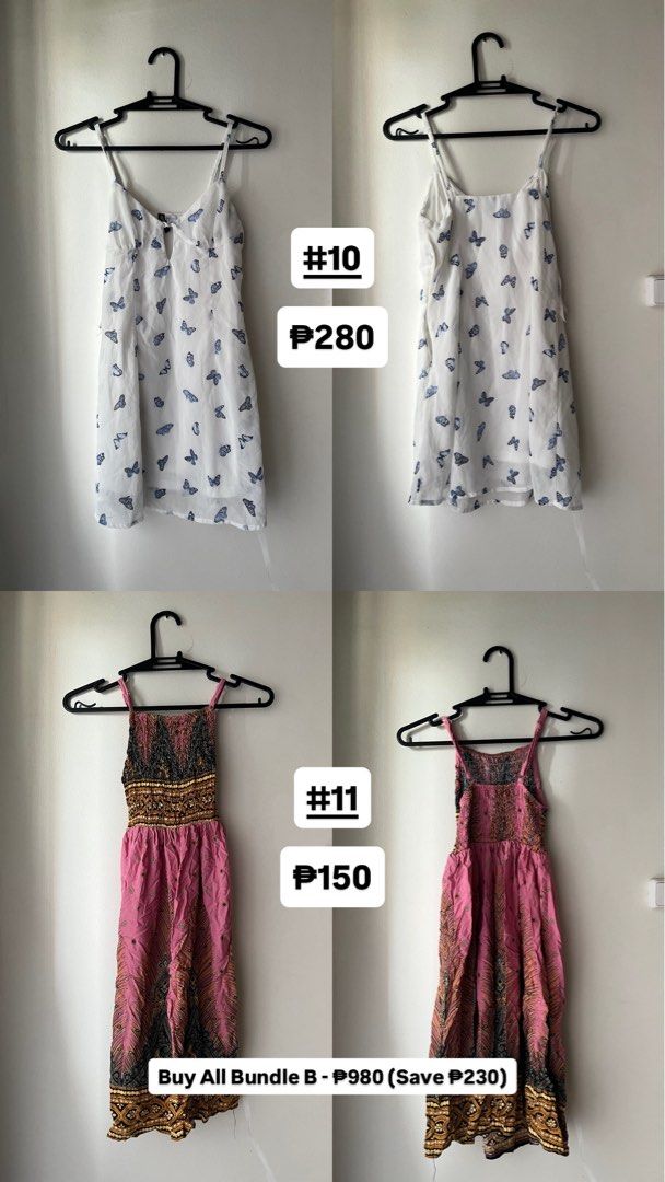 Resort and Vacation Dress Set (4 Items) (Category: Dresses) located in Quezon City. Submitted by deargenna (Listing ID 1459812399, Image 2). Description: Bundle B: Resort & Vacation Dress Set (4 Items) — ₱980 (Save ₱230) Description: Flowy midi/maxi dresses perfect for beach trips, vacations, and summer outings! 🌴 Items Included: * #8 Black Daisy Floral Knit Midi Dress — ₱390 * #9 Green Abstract Wave Print Tube Maxi Dress — ₱390 * #10 White Butt