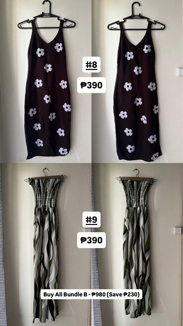 Resort and Vacation Dress Set (4 Items) (Category: Dresses) located in Quezon City. Submitted by deargenna (Listing ID 1459812399, Image 1). Description: Bundle B: Resort & Vacation Dress Set (4 Items) — ₱980 (Save ₱230) Description: Flowy midi/maxi dresses perfect for beach trips, vacations, and summer outings! 🌴 Items Included: * #8 Black Daisy Floral Knit Midi Dress — ₱390 * #9 Green Abstract Wave Print Tube Maxi Dress — ₱390 * #10 White Butt