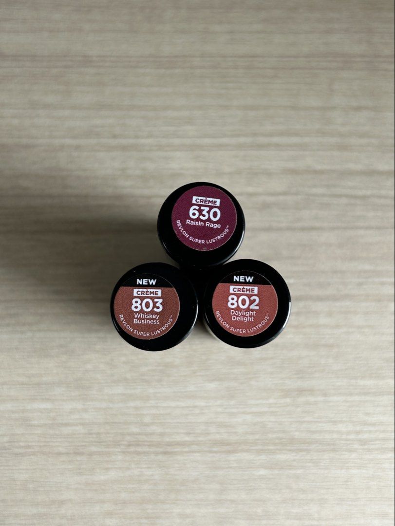 Revlon Super Lustrous Lipstick (Bundle) (Category: Makeup) located in Quezon City. Submitted by lynloved (Listing ID 1444193943, Image 2). Description: ☆ Bought for ₱1,425 (3 lipsticks) ⟡ Shade: Daylight Delight, Whiskey Business, & Raisin Rage ⟡ Only swatched ☆ Payment: Any E-wallet (through my QR) - Payment first.