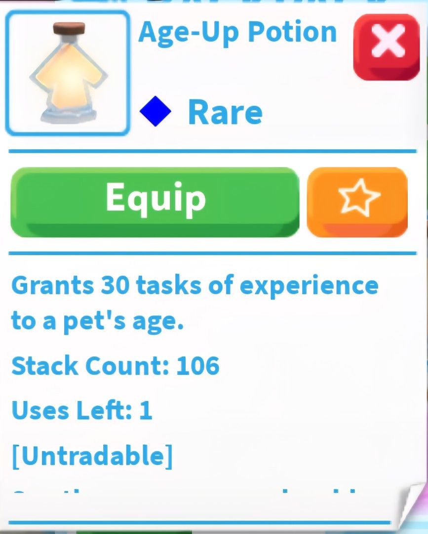 Roblox Adopt Me – Age-Up Potion for Pets (Category: In-Game Products) located in General Trias. Submitted by prlvd.sanb.21 (Listing ID 1459846024, Image 1). Description: ◇ Payment is for Each Age-Up Potion/Pet – newborn to full grown, depending on rarity ● Each Age-Up Potion = Php2 ● 1 Age-Up Potion = Php2 ◇ common rarity ◇ newborn to full grown ● 2 Age-Up Potion = Php4 ◇ uncommon and rare rarity ◇ newborn to full grown ● 3 Age-Up Potion = Php6 ◇