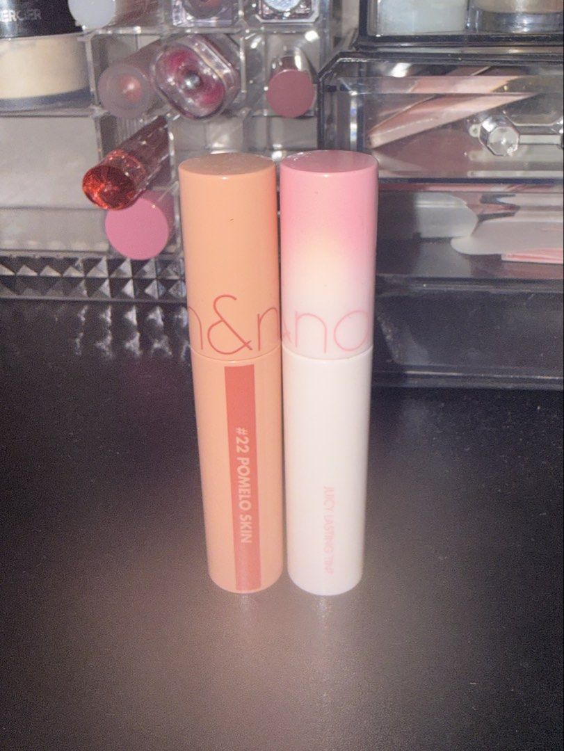 Romand Juicy Lasting Tint (220 for both) (Category: Makeup) located in Manila. Submitted by kdollie (Listing ID 1459868889, Image 1). Description: Pomelo Skin & Bare Apricot authentic, bought from the official store in 🍊app rfs: decluttering .