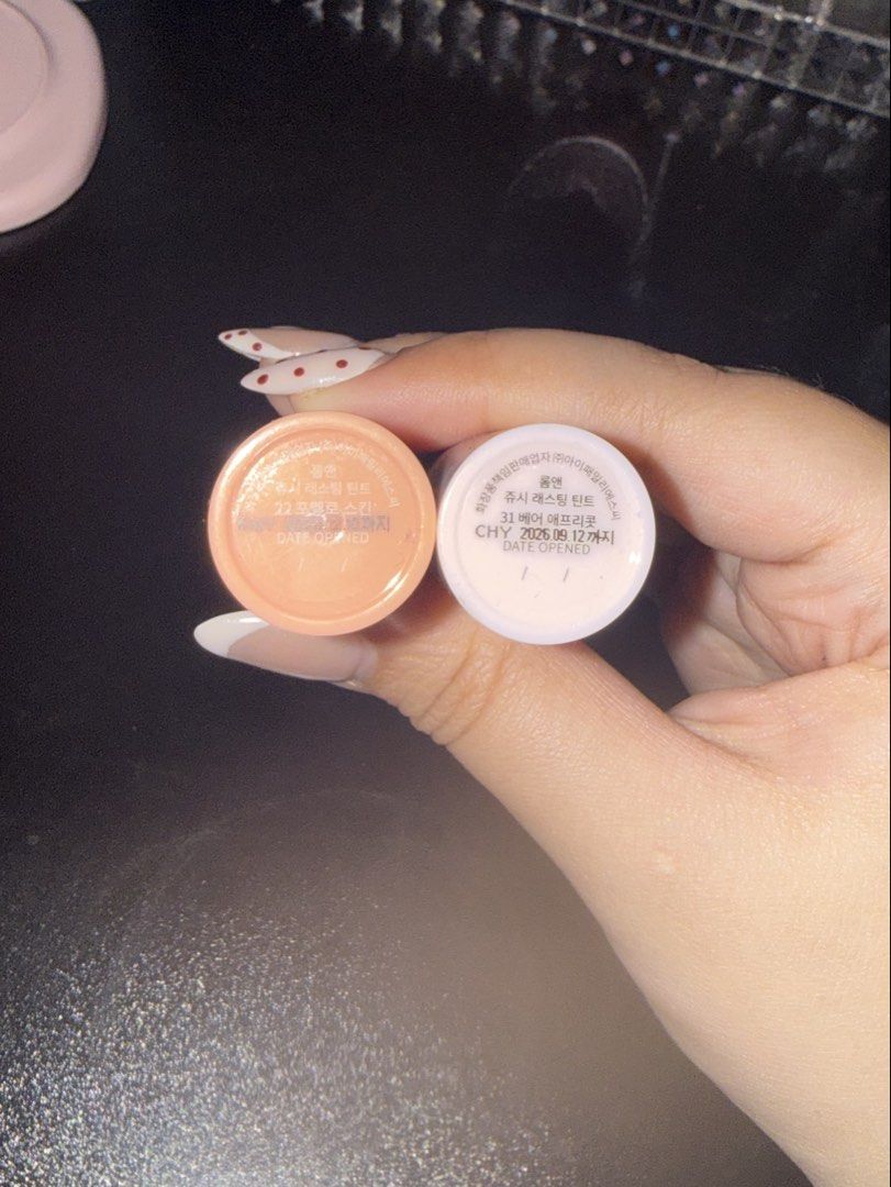 Romand Juicy Lasting Tint (220 for both) (Category: Makeup) located in Manila. Submitted by kdollie (Listing ID 1459868889, Image 2). Description: Pomelo Skin & Bare Apricot authentic, bought from the official store in 🍊app rfs: decluttering .