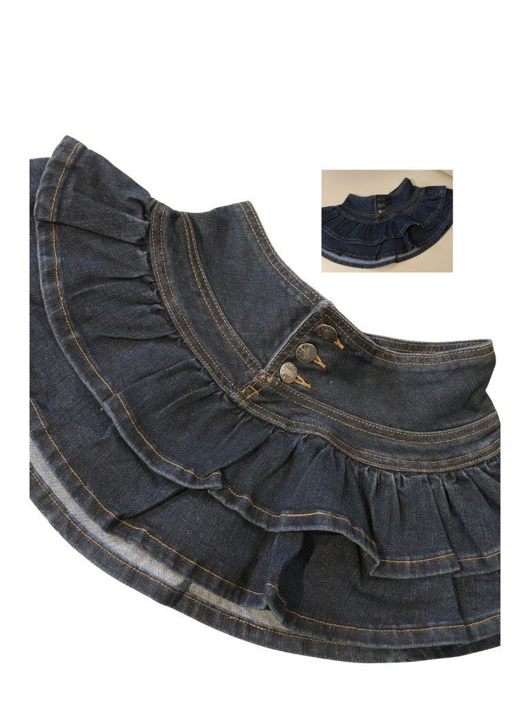 Ruffled Denim Skirt with Button Detail (Category: Skirts) located in Manila. Submitted by declutter.yna (Listing ID 1459728554, Image 1). Description: - Cute dark wash denim skirt - Front button closure - Easy to pair with various tops.