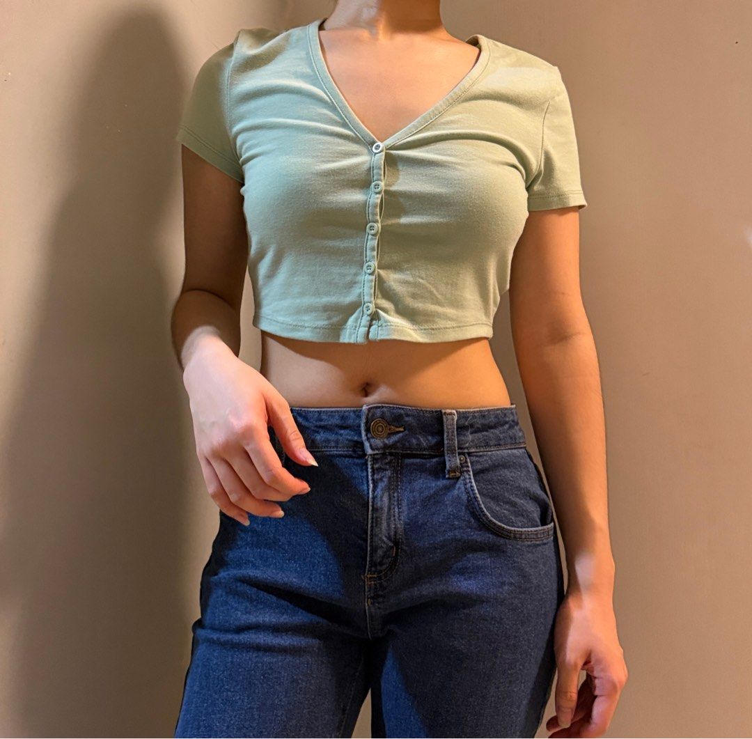 Sage Green Cropped Top V Neck (Category: Shirts) located in San Antonio. Submitted by decluttermemine (Listing ID 1459797425, Image 2). Description: Fabric: Cotton MOP: BPI and GCASH only lalamove/gogo express carried by buyer .