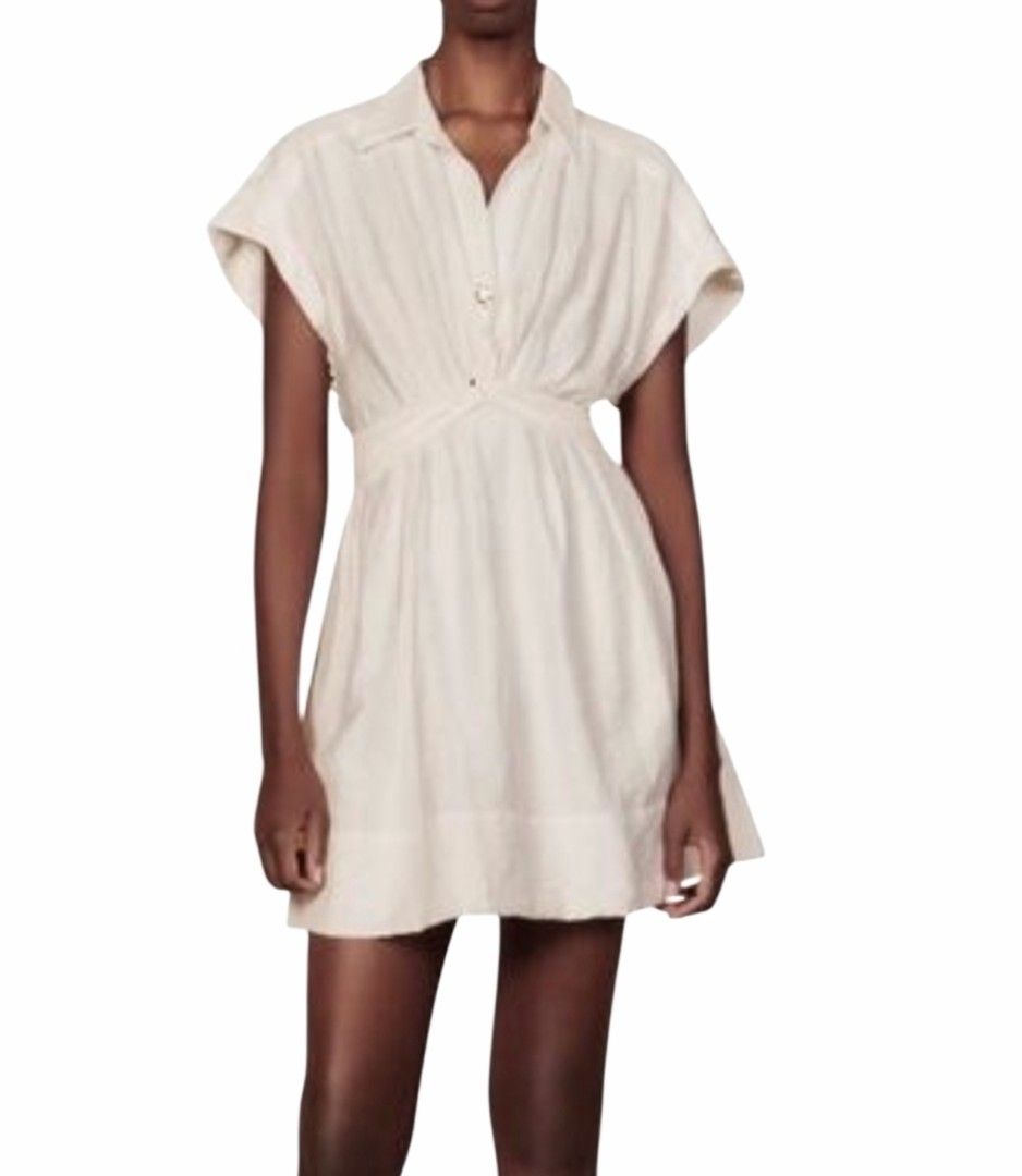 SANDRO Paris light cream Mini dress (Category: Dresses) located in Caloocan City. Submitted by modishthriftstore (Listing ID 1459761008, Image 1). Description: Like New Condition Medium size up to 28 waistline garterized. back with 1 metal gold tone button Linen-Cotton material with lining Loc: Rainbow Village 5 North Caloocan.