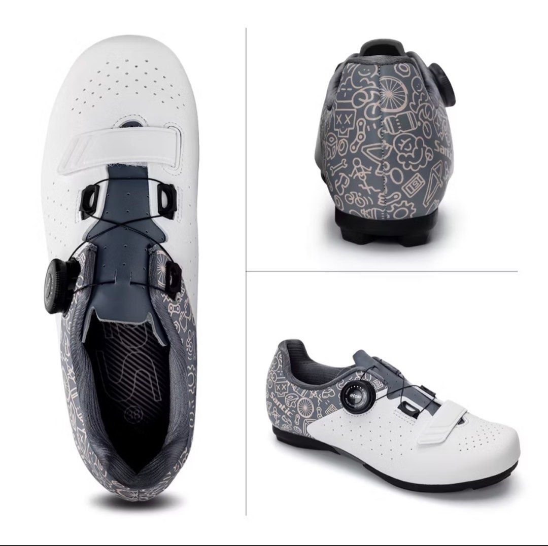 Santic Cycling Shoes White Boa Dial Closure (Category: Sneakers) located in Muntinlupa City. Submitted by prebyiz (Listing ID 1459765714, Image 2). Description: - White Santic cycling shoes - Secure fit with Boa dial closure system - Perforated for enhanced breathability - Stylish graphic pattern on heel and sides - Ideal for road cycling.